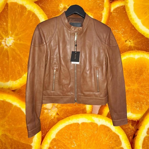 NWT Massimo Dutti Tan‎ Leather Motorcycle Jacket 4702 Small - Picture 10 of 12